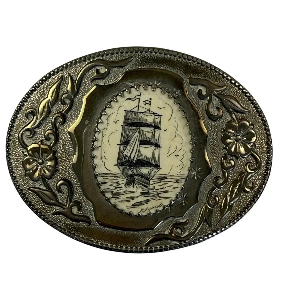 Vintage Sailing Ship Scrimshaw Belt Buckle Silver Metal Bone Floral